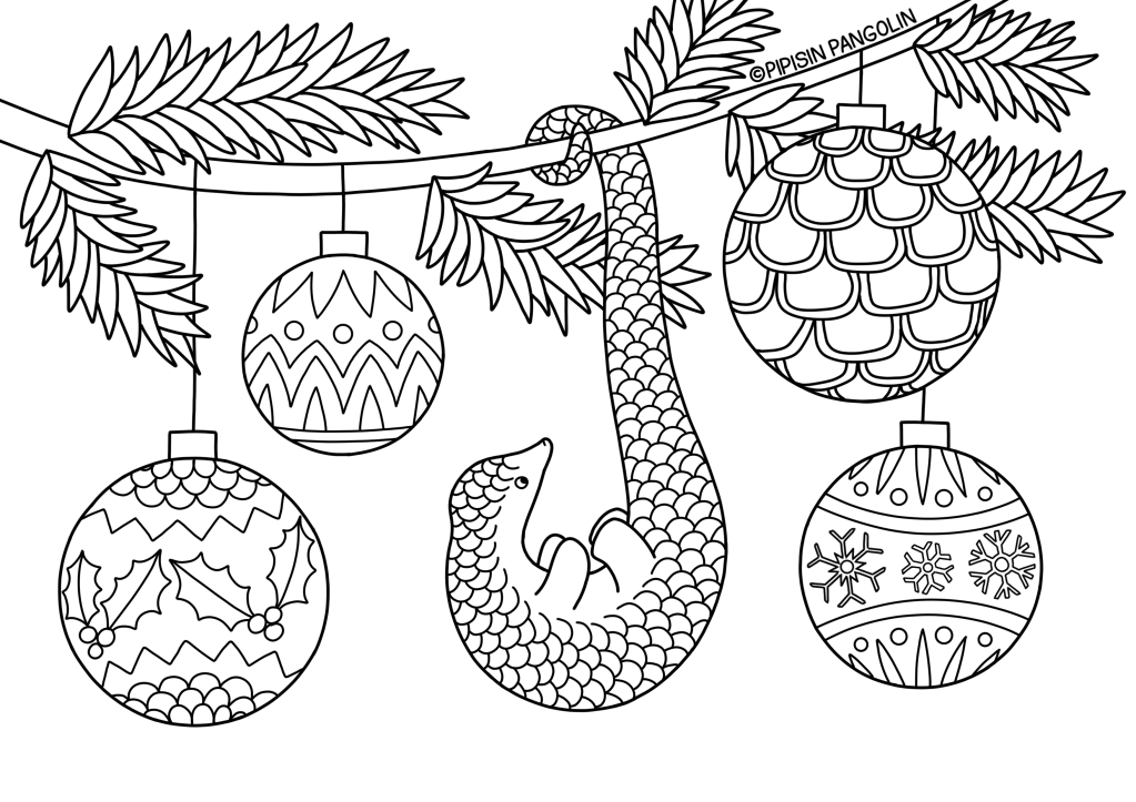 A pangolin hanging upside down next to four baubles
